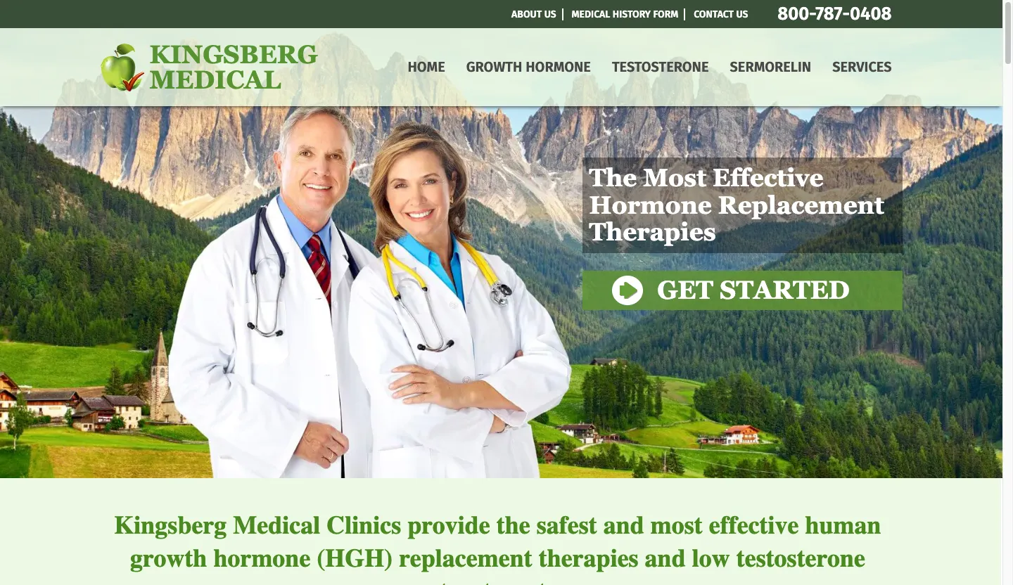 Current kingsbergmedical.com homepage, a dated green-themed WordPress design with a stock doctor photo and mountain hero